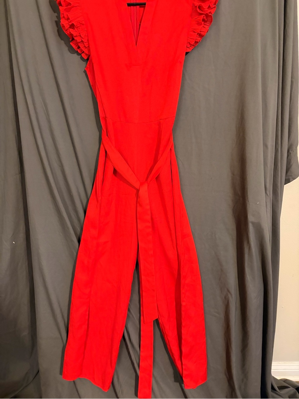 SHEIN Red Ruffle Sleeve V-Neck Jumpsuit with Waist Tie
